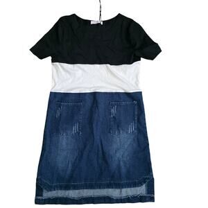 Stylewe Colorblock Denim Black/White Short Sleeve Mini Dress Women Sz L (M) NWT